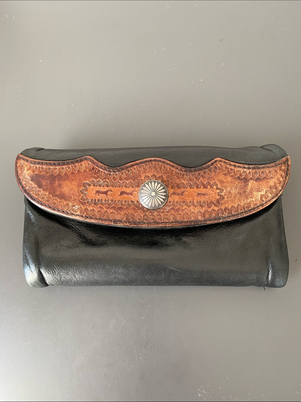 Appaloosa trading by Durango Black & Brown Leather Wallet Horses Tooled Flap